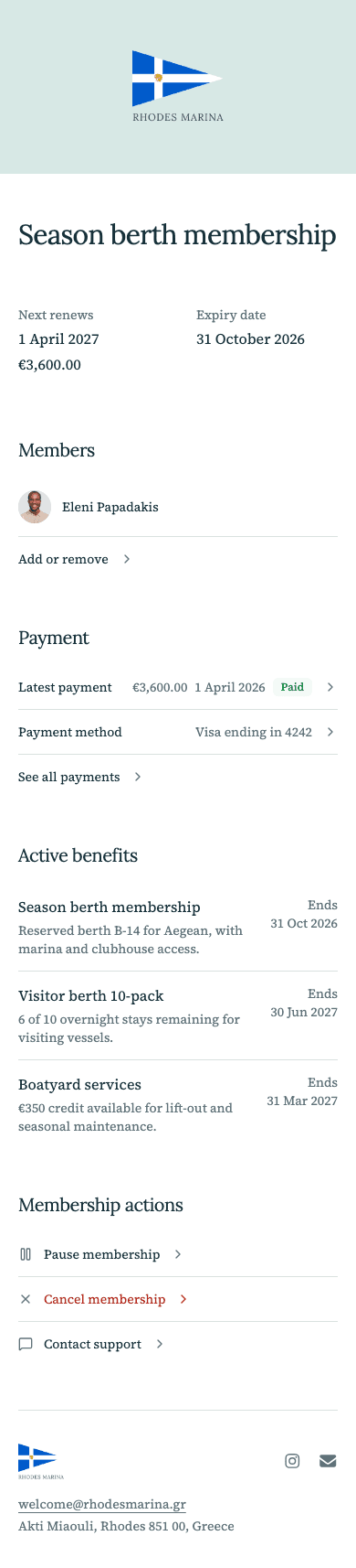 mobile screenshot of Rhodes Marina's member home showing membership and active benefits.