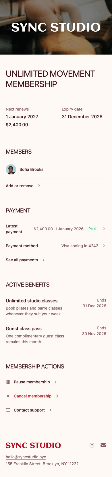 mobile screenshot of Sync Studio's member home showing membership and active benefits.