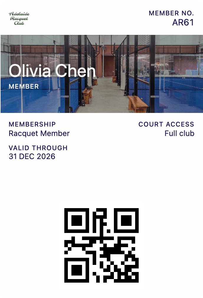 Adelaide Racquet Club digital membership card