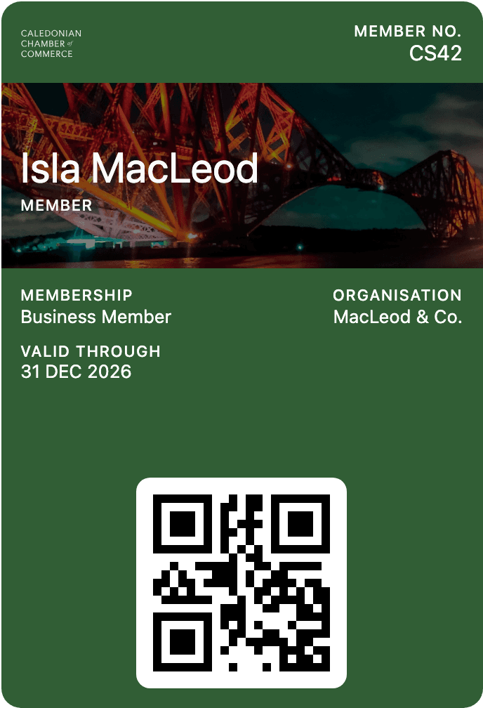 Apple Wallet membership card preview for Caledonian Chamber of Commerce.