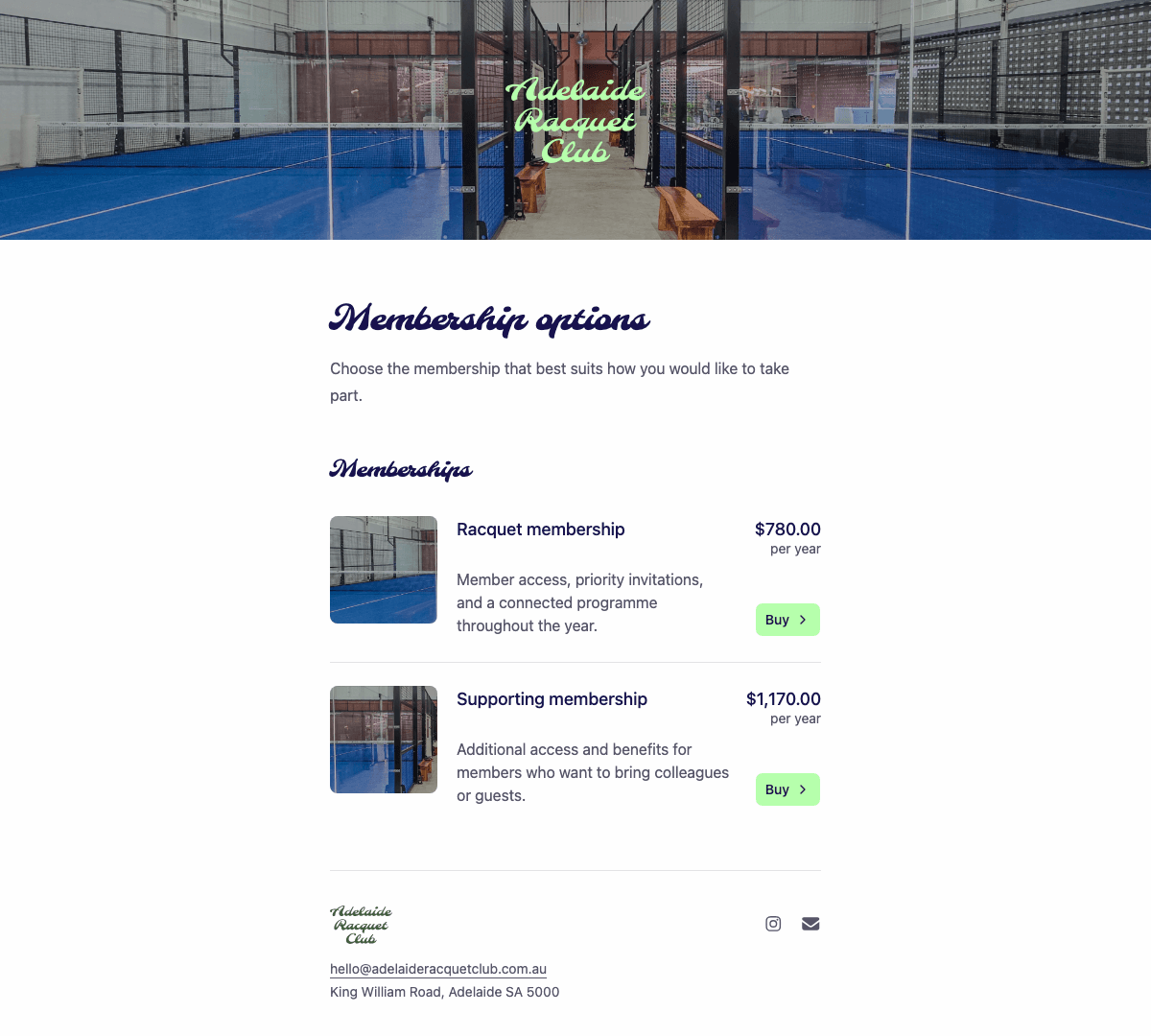 desktop screenshot of Adelaide Racquet Club's membership options page.