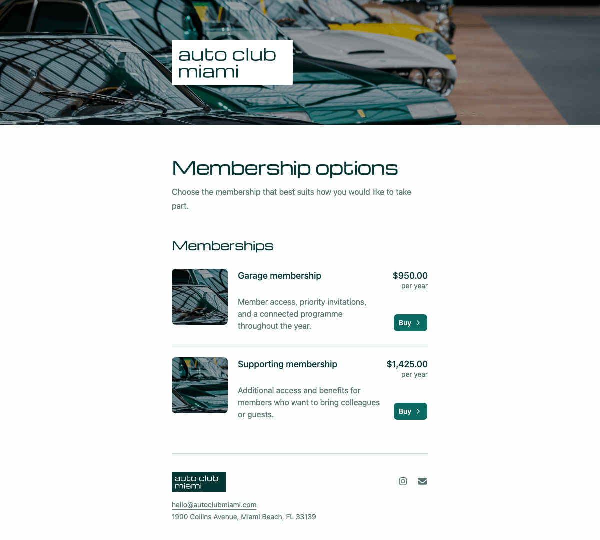 desktop screenshot of Auto Club Miami's membership options page.