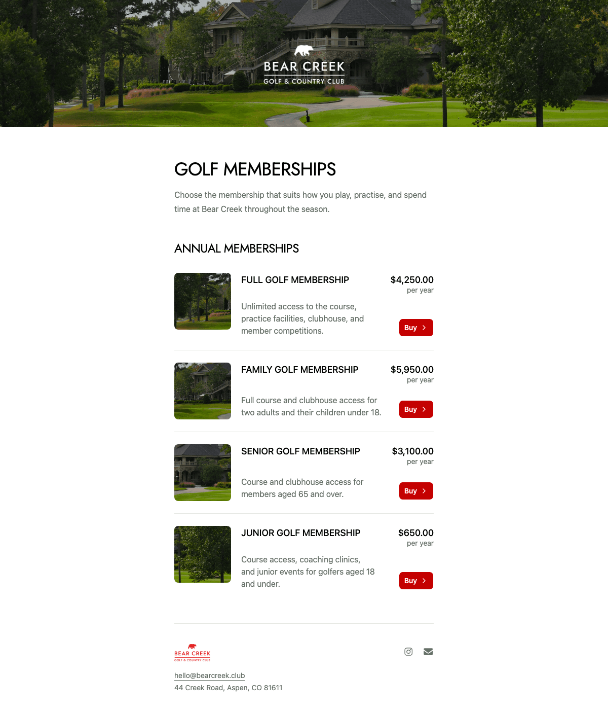 desktop screenshot of Bear Creek's membership options page.