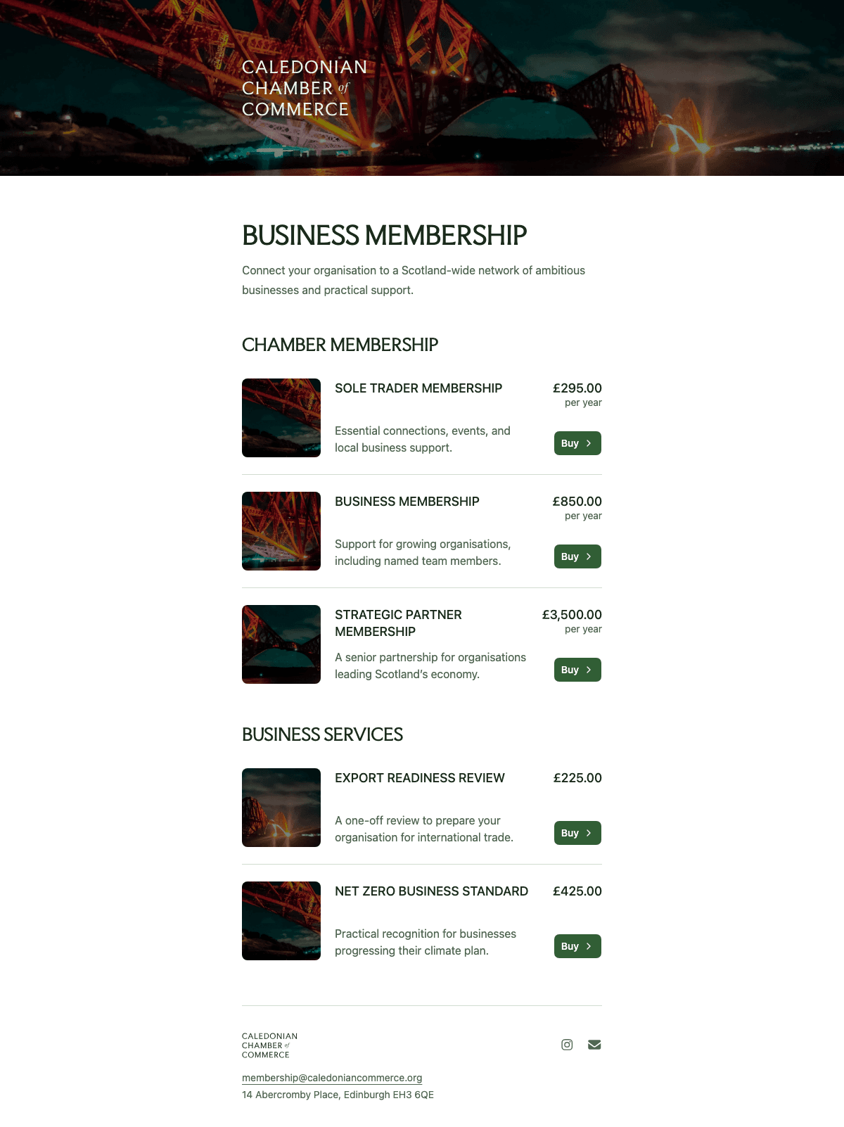 desktop screenshot of Caledonian Chamber of Commerce's membership options page.