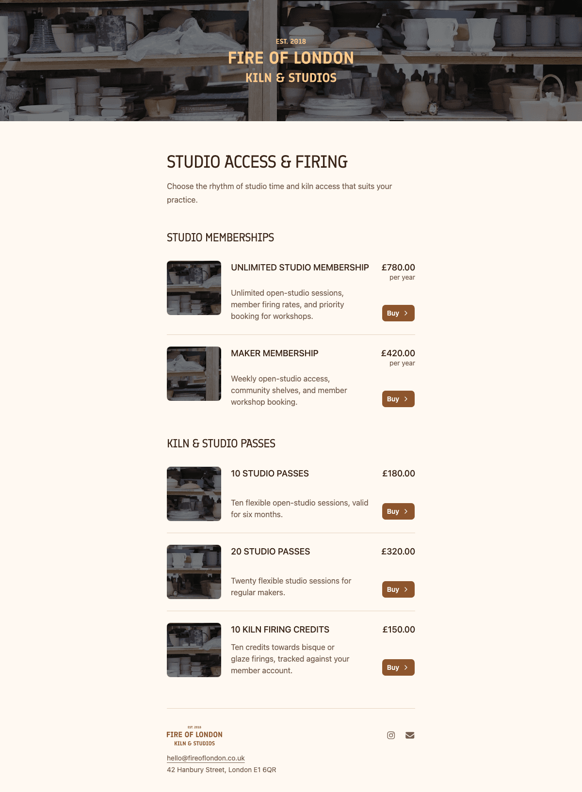 desktop screenshot of Fire of London's membership options page.
