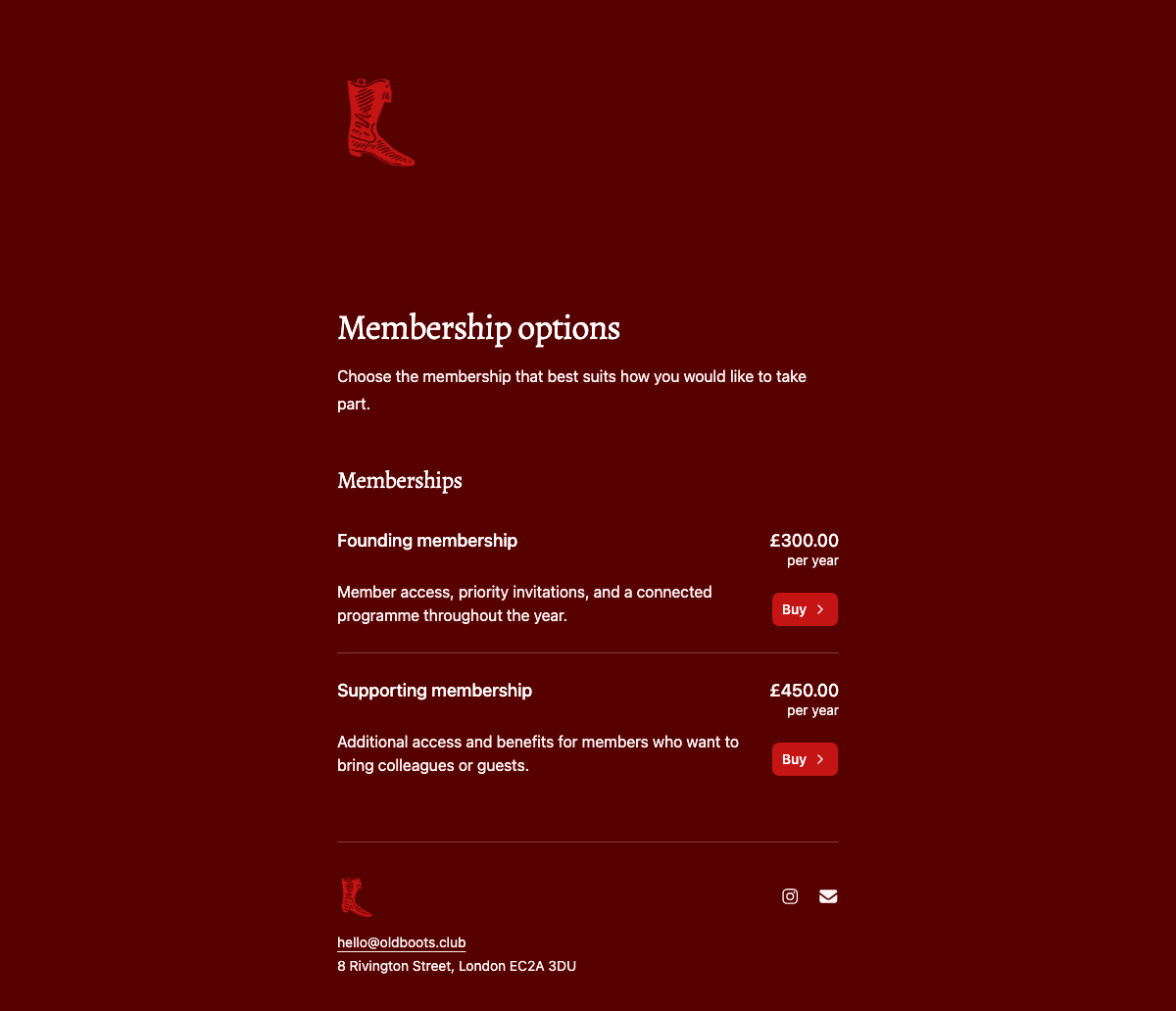 desktop screenshot of Old Boot’s's membership options page.