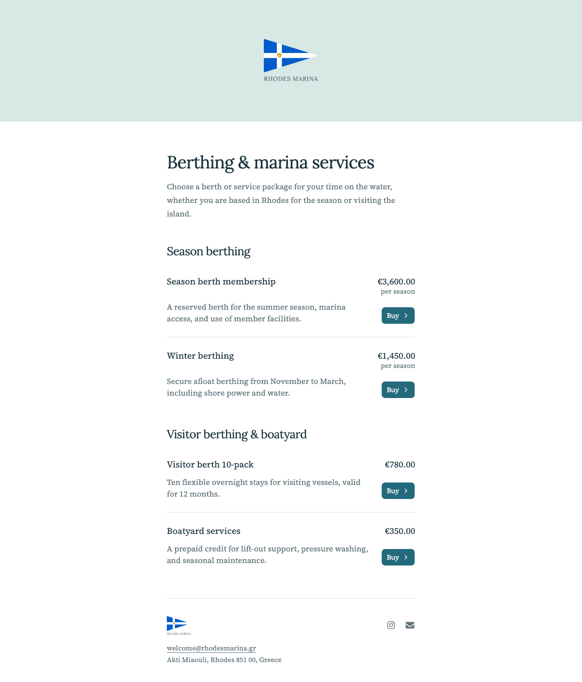 desktop screenshot of Rhodes Marina's membership options page.