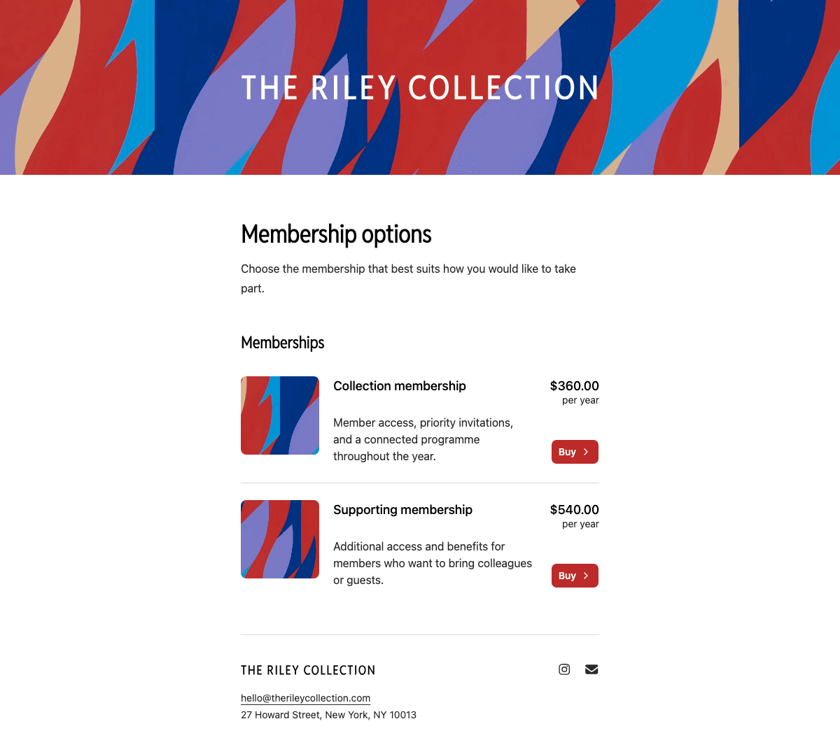 desktop screenshot of The Riley Collection's membership options page.