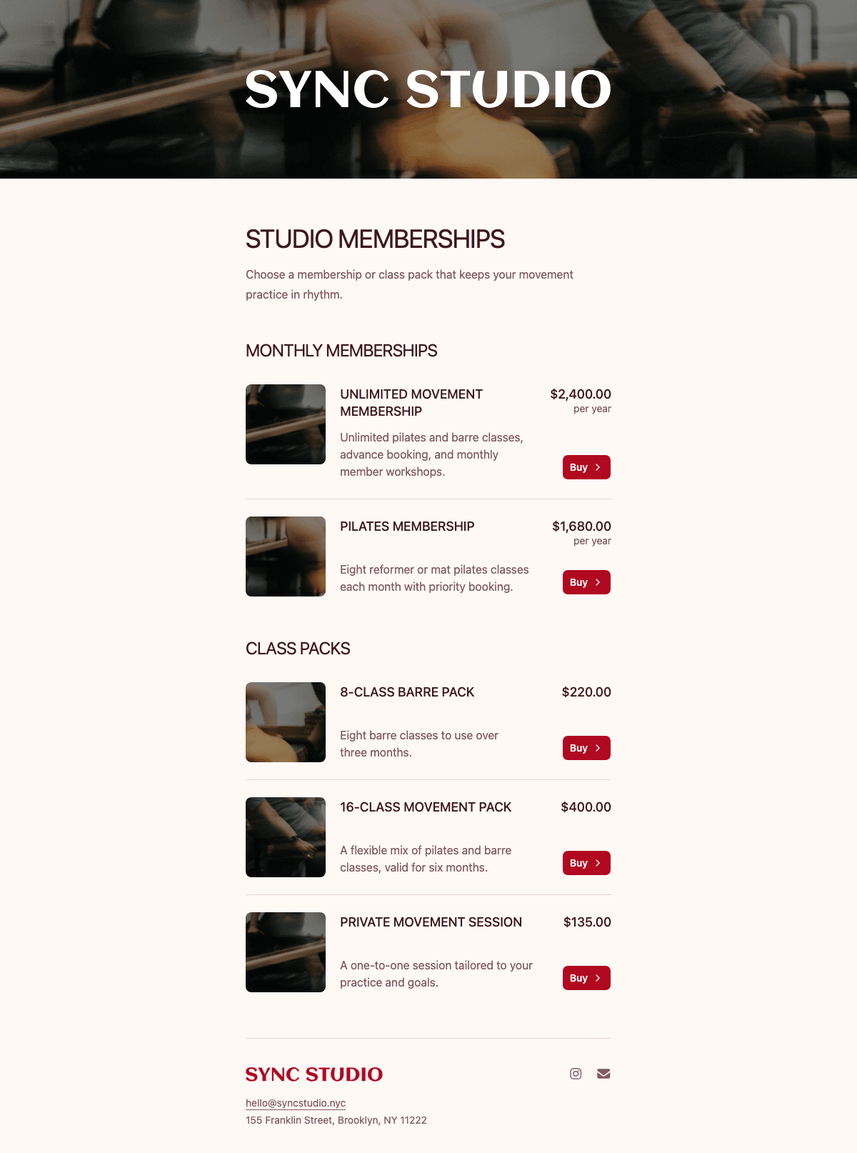 desktop screenshot of Sync Studio's membership options page.