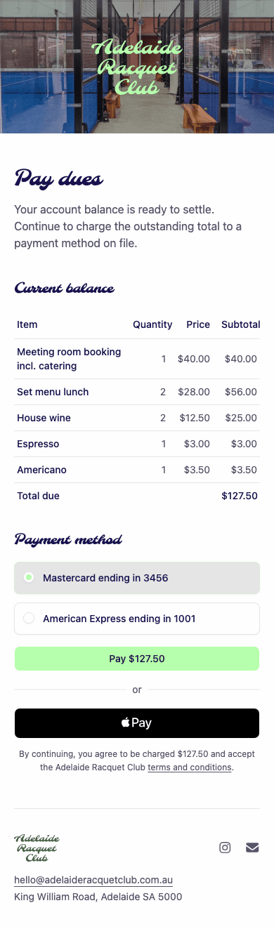 mobile screenshot of Adelaide Racquet Club's membership dues payment page.