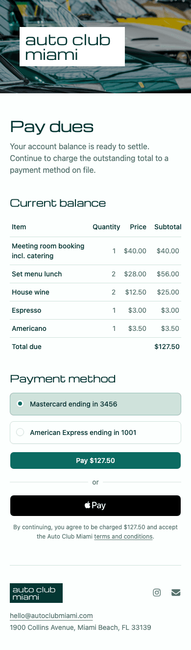 mobile screenshot of Auto Club Miami's membership dues payment page.