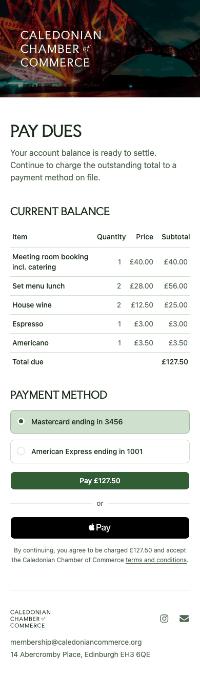 mobile screenshot of Caledonian Chamber of Commerce's membership dues payment page.