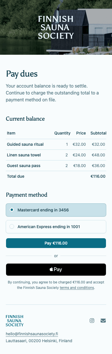 mobile screenshot of Finnish Sauna Society's membership dues payment page.