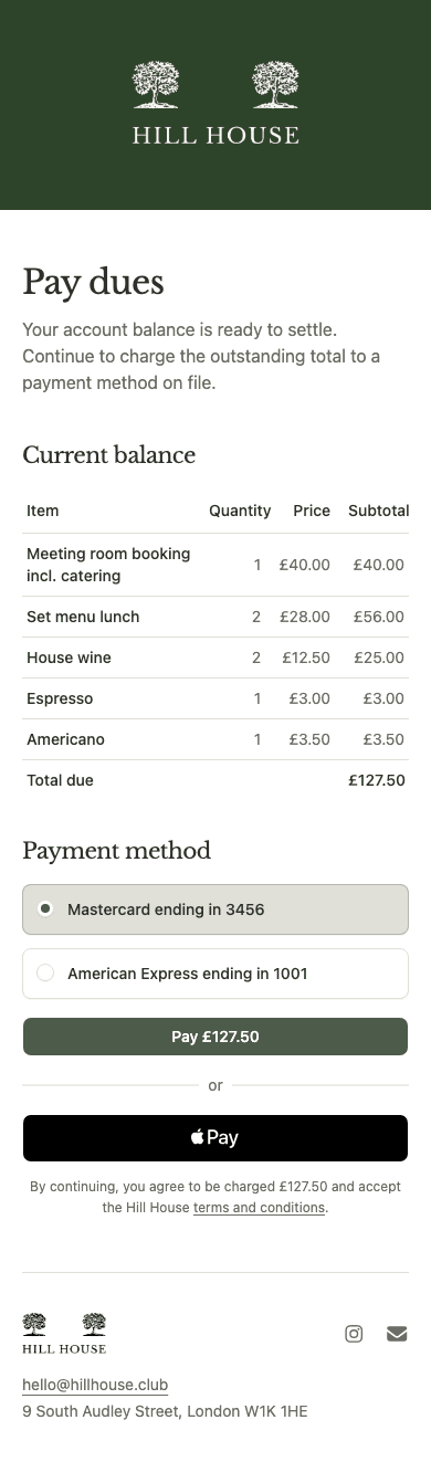 mobile screenshot of Hill House's membership dues payment page.