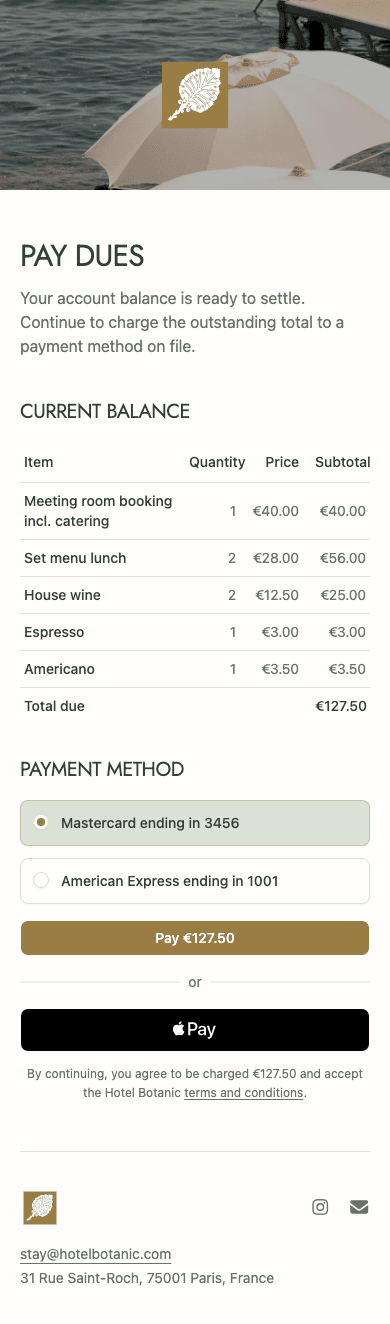 mobile screenshot of Hotel Botanic's membership dues payment page.