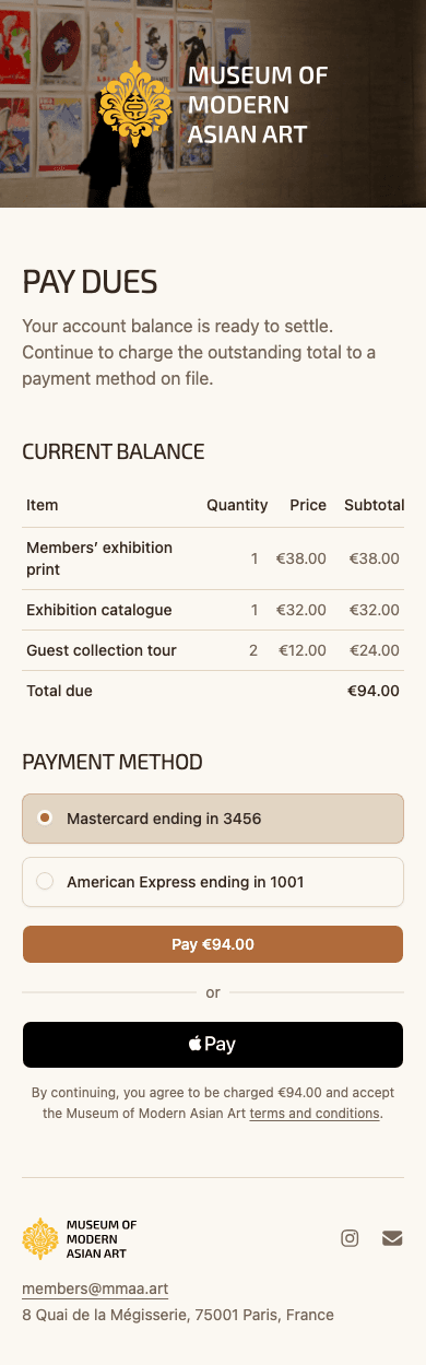 mobile screenshot of Museum of Modern Asian Art's membership dues payment page.