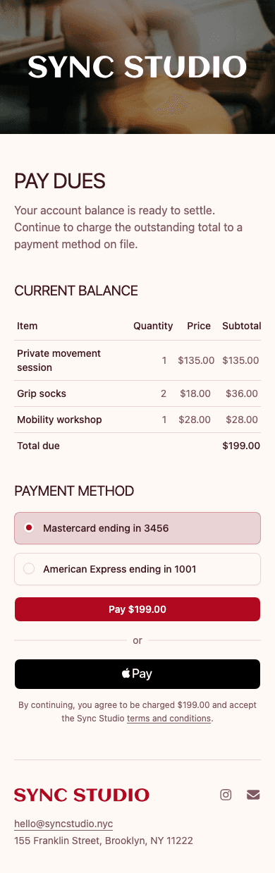 mobile screenshot of Sync Studio's membership dues payment page.