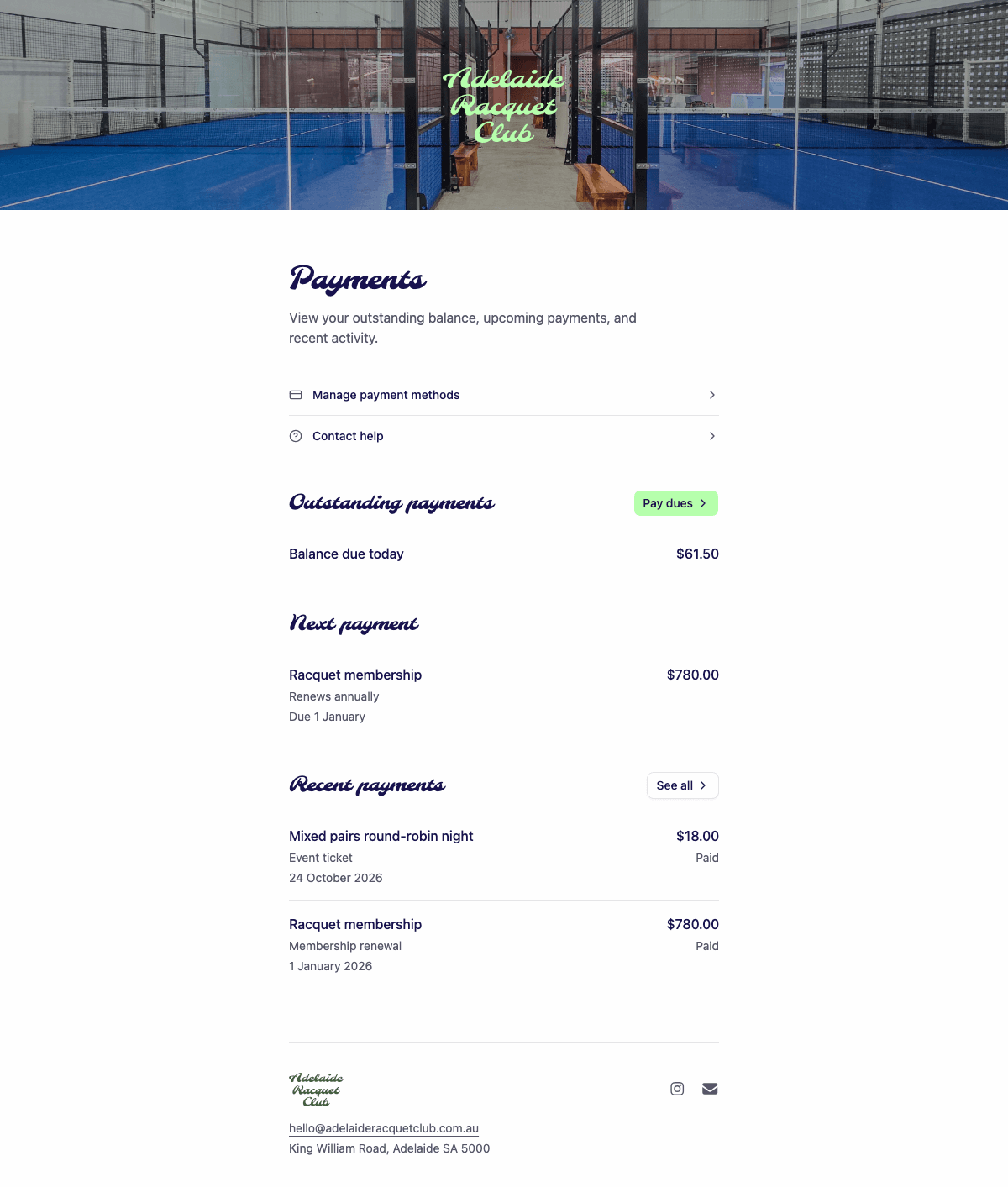 desktop screenshot of Adelaide Racquet Club's member payments overview.