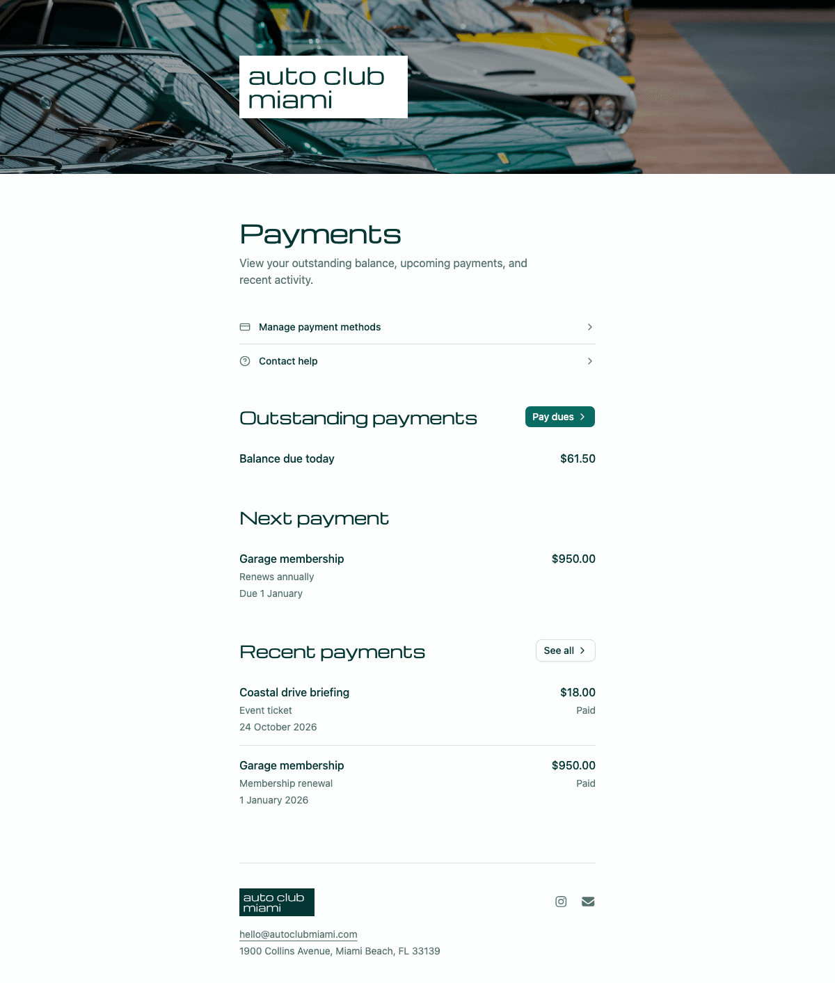 desktop screenshot of Auto Club Miami's member payments overview.