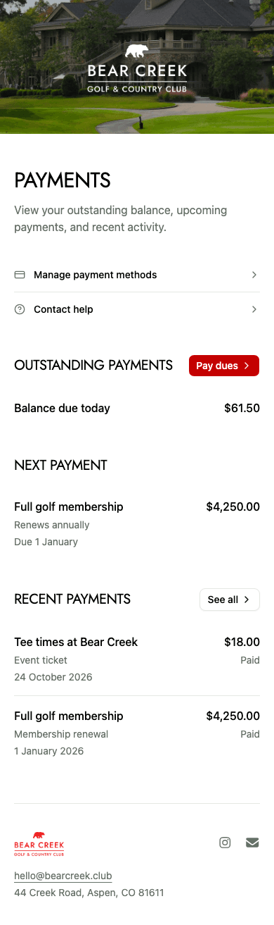 mobile screenshot of Bear Creek's member payments overview.