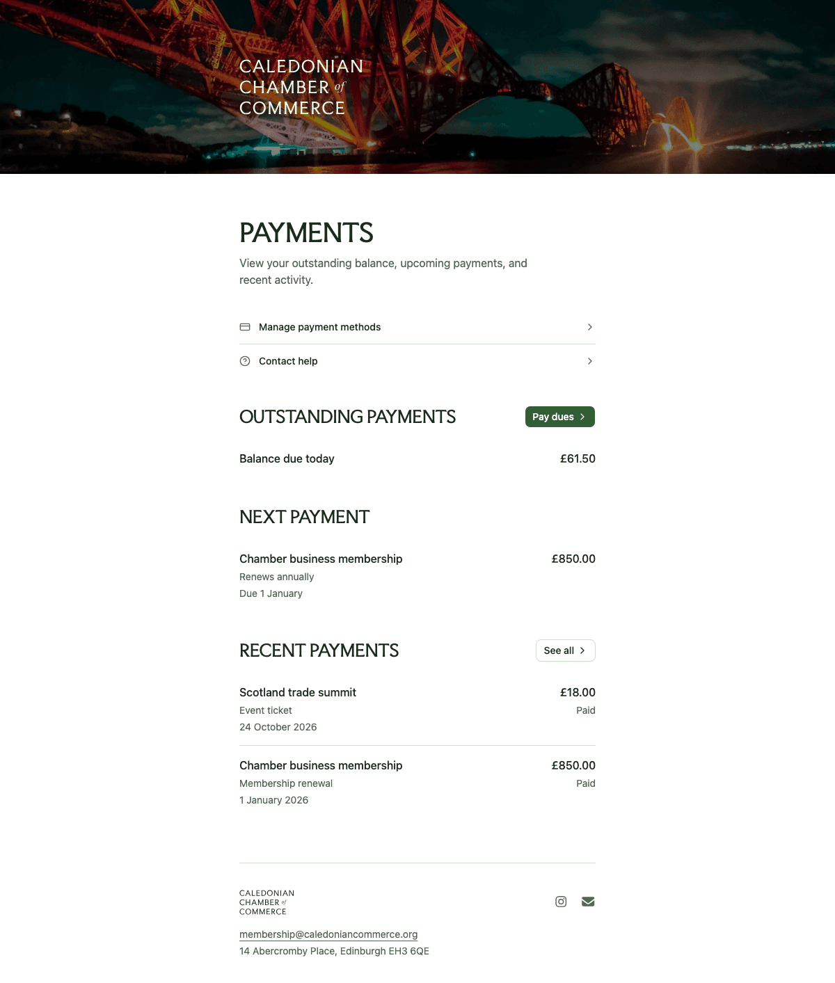 desktop screenshot of Caledonian Chamber of Commerce's member payments overview.