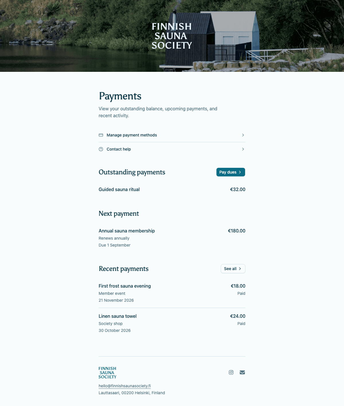 desktop screenshot of Finnish Sauna Society's member payments overview.