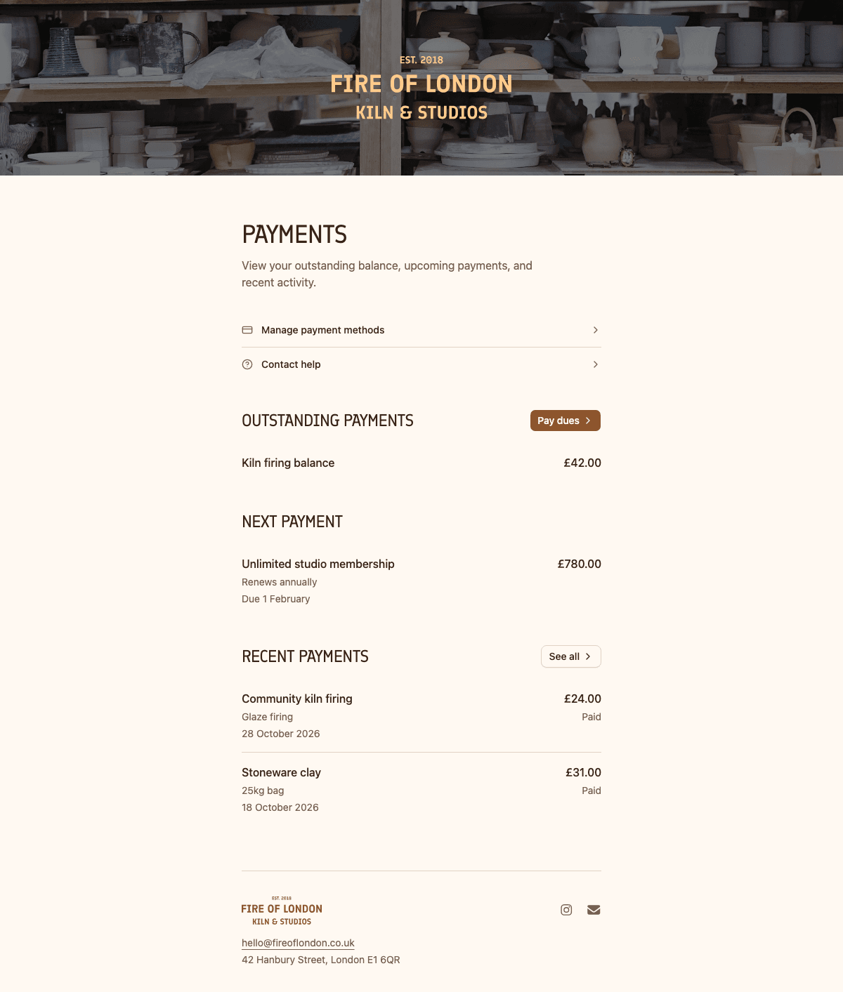 desktop screenshot of Fire of London's member payments overview.
