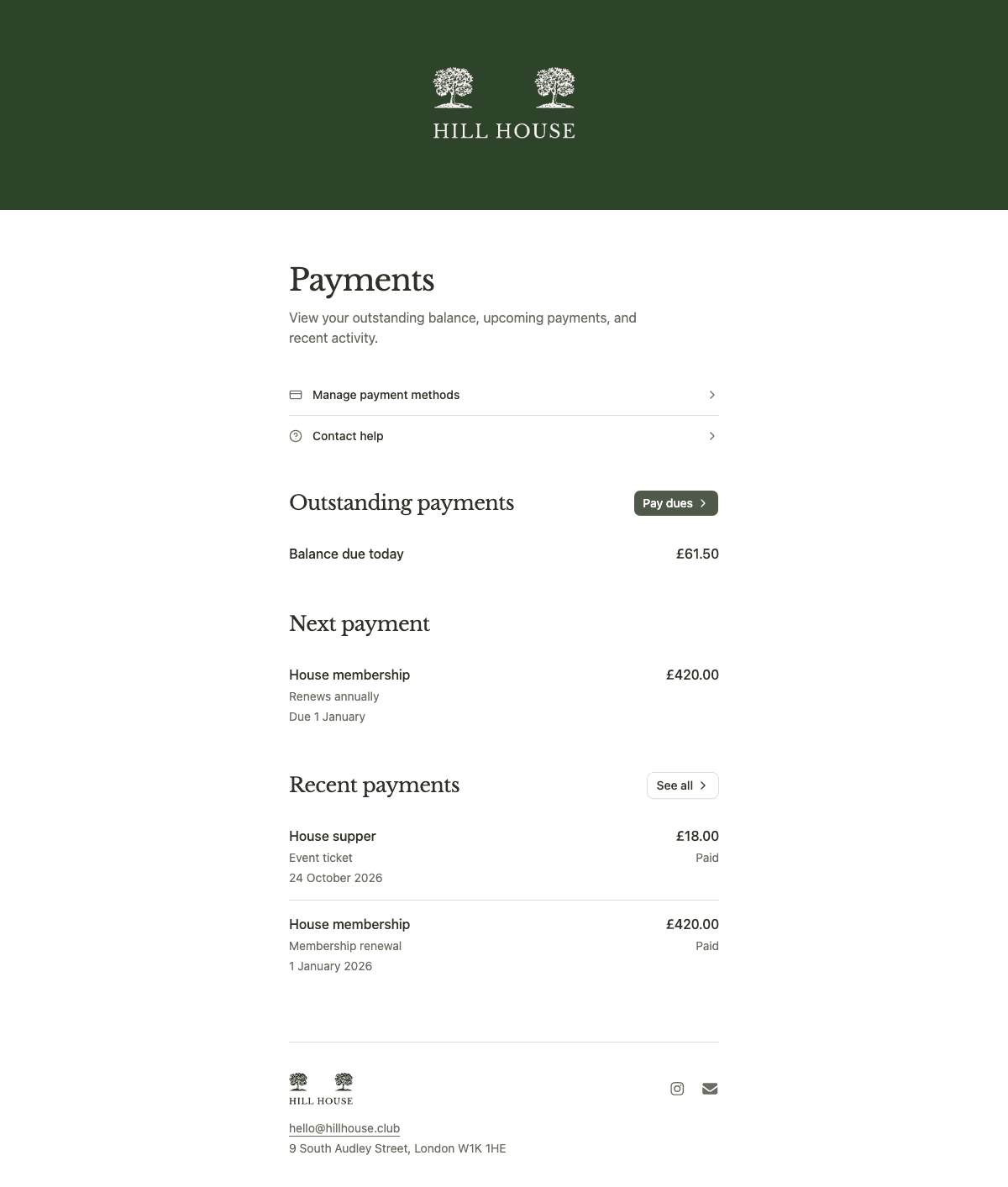desktop screenshot of Hill House's member payments overview.