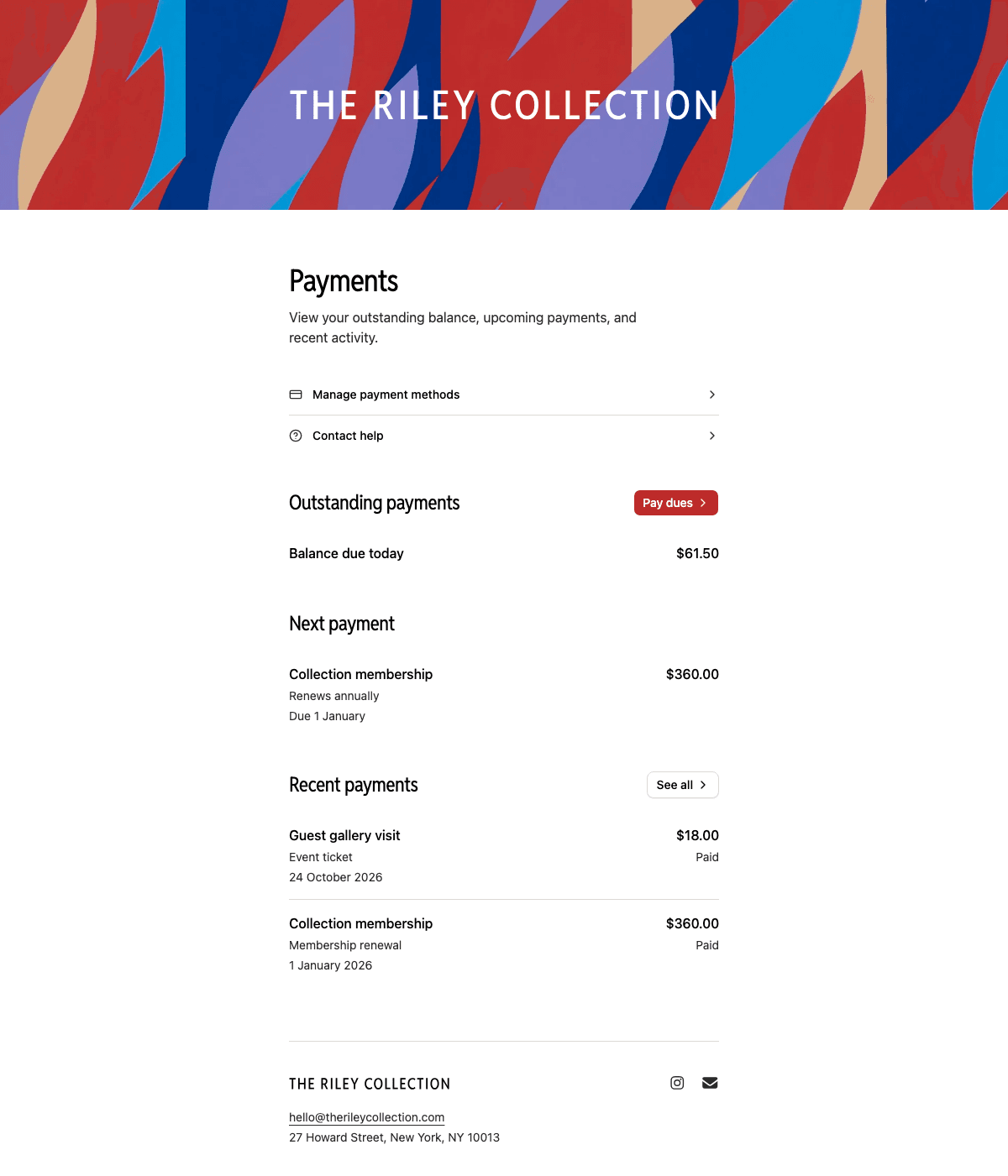 desktop screenshot of The Riley Collection's member payments overview.