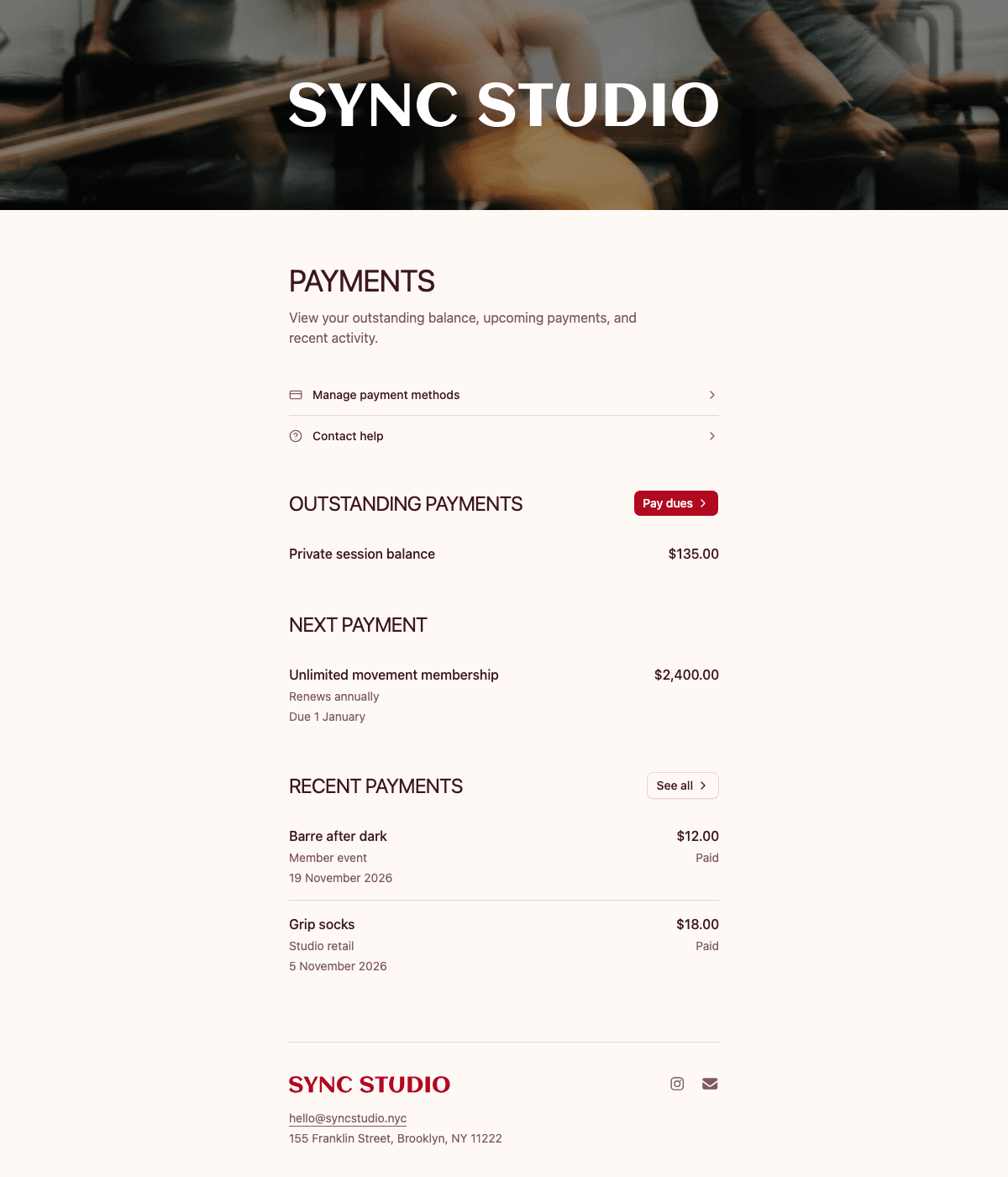 desktop screenshot of Sync Studio's member payments overview.
