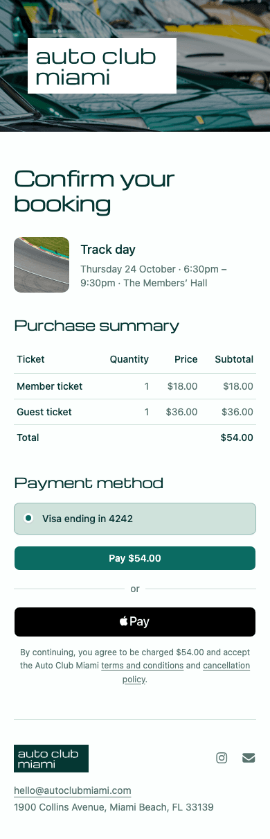mobile screenshot of Auto Club Miami's event booking confirmation.